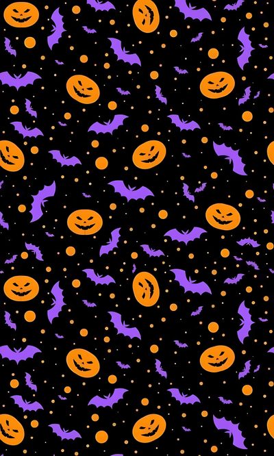 halloween pumpkins and bats on a black background with orange polka dotes in the center Purple And Orange Halloween Halloween Iphone Backgrounds, Halloween Backgrounds, Cheetah Print, black