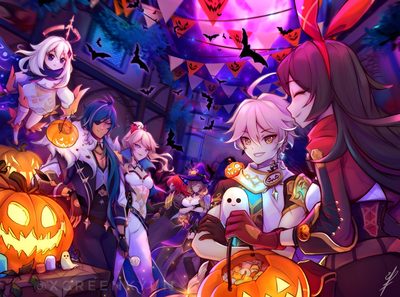 an animated halloween scene with many people and pumpkins Genshin Impact Halloween Halloween Genshin, Genshin Halloween, Genshin Impact Halloween, indigo