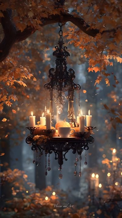 a chandelier hanging from a tree filled with candles Halloween Chandelier Halloween Ambience, Care Bear Party, Retro Pictures, dark slate gray