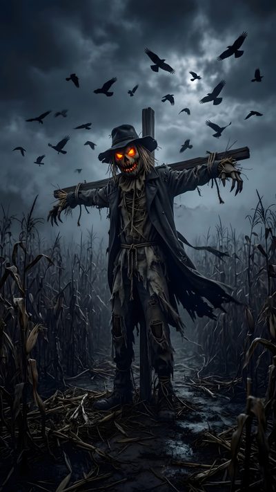 a scarecrow standing in the middle of a cornfield with crows flying around him Halloween Scarecrow Halloween Land, Scarecrow Character, Gargoyles Art, Scary Scarecrow, dark slate gray