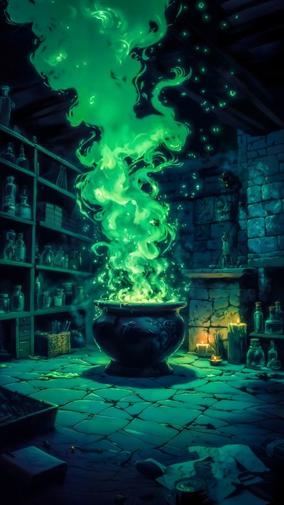 a large pot filled with green liquid sitting on top of a floor next to a fireplace Halloween Spooky Cauldron Snakes Potions Witches Brew, Halloween Potion Background 4k, Halloween Potion Background, dark slate gray