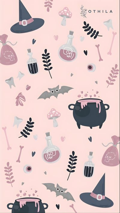a pink and black pattern with witches, bats, and other items on the ground Pastel Halloween Party Black Pastel Halloween Iphone, Pastel Halloween Aesthetic, Pastel Pink Halloween Background, misty rose
