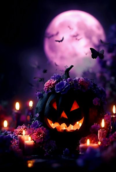 a halloween pumpkin with candles and flowers in front of a full moon Halloween Purple Pumpkin Elegant Halloween Decor, Pumpkin, Christmas Phone, Witchy, Autumn Magic, black