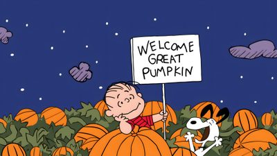 a cartoon character holding a sign that says welcome great pumpkin Halloween Charlie Brown Peanuts Great Pumpkin, Charlie Brown Halloween Desktop, Peanuts Fall Computer, midnight blue