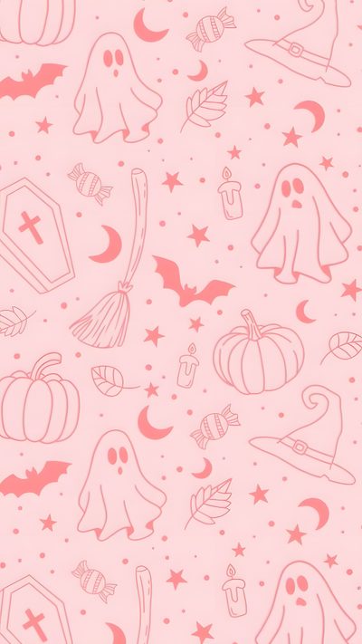 a pink and white halloween pattern with ghost, pumpkins, bats, stars and more Pink Pumpkin Halloween Pink Halloween Ipad, Pastel Pink Halloween Background, Halloween Pink Background Aesthetic, misty rose