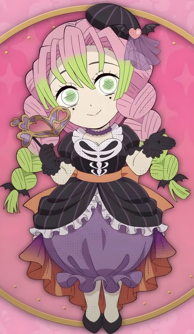 an anime character with green hair and purple dress, holding a flower in her hand Mitsuri Halloween Demon Slayer Halloween, Halloween Demon Slayer, Mitsuri Halloween, rosy brown