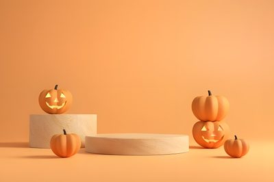 three carved pumpkins sitting on top of a wooden block with faces carved into them Halloween Podium Autumn Home Decor Inspiration, Diy Halloween Decoration Ideas, Halloween Pumpkin Decor, sandy brown