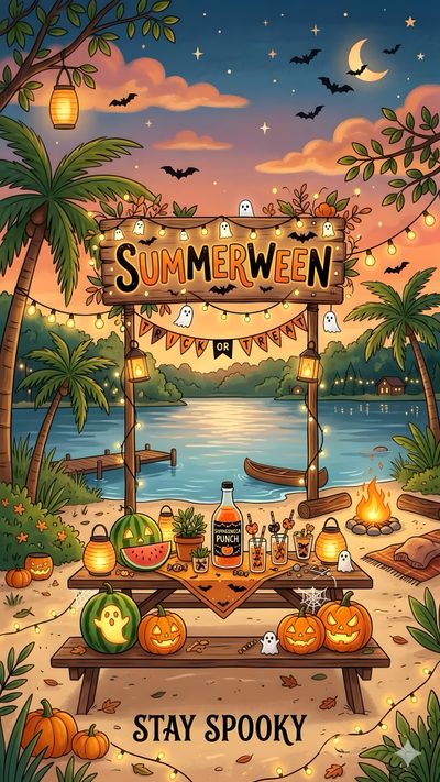 a poster for an outdoor halloween party with pumpkins and jack - o'- lanterns Halloween Summerween Summer Ween, Spooky Summer, Summer Slasher, Summerween Iphone, Summerween, dim gray