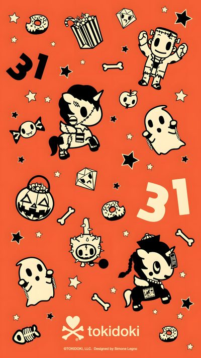 an orange background with black and white cartoon characters on it's sides, including the number Tokidoki Halloween Tokidoki Hello Kitty, Tokidoki Iphone, Tokidoki Phone, Tokidoki Calendar 2025, tomato