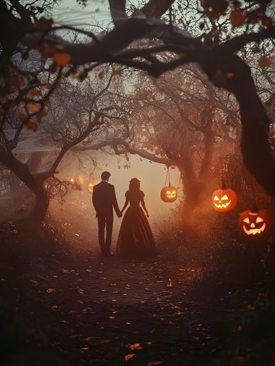 a man and woman holding hands in the middle of a forest at night with pumpkins Halloween Love Halloween Love Aesthetic, Halloween Romance Aesthetic, Halloween Romantic, dark slate gray