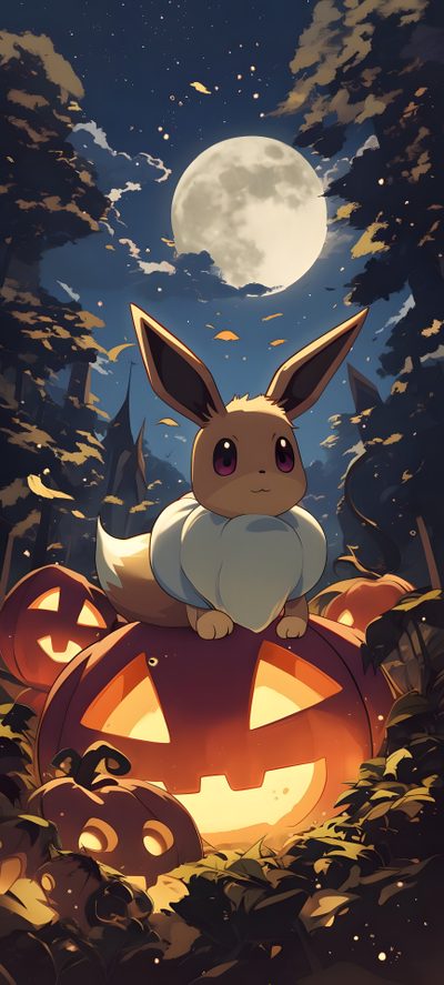 an animal sitting on top of a pumpkin in front of a full moon and trees Eevee Evolutions Halloween Pikachu Halloween, Eve Pokemon, Christmas Pokemon, Eevee, dark slate gray