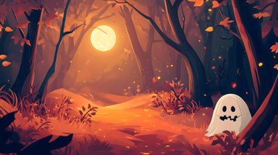 a cartoon halloween scene with a ghost in the woods Cute Aesthetic Halloween For Computer Halloween City Hd, Halloween Desktop Macbook, Halloween Desktop 4k, sienna
