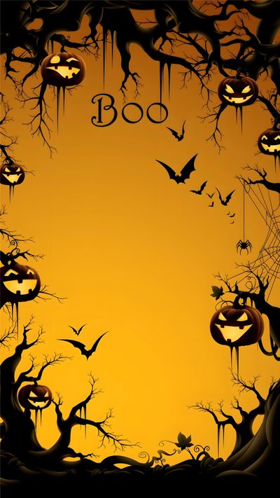 halloween tree with pumpkins and bats in front of an orange sky at night time Halloween 6 Boo Tree Background, Halloween Backgrounds Scary, Halloween Tree Background Printable, dark goldenrod
