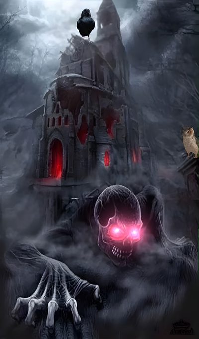 an image of a creepy house with red eyes Scary Halloween Gif Scary Castle Pictures, Scary Castle, Dark Ghost Castle, dark slate gray
