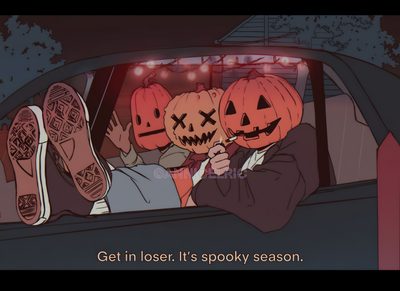 two pumpkins sitting in the passenger seat of a car with their faces carved into jack - o'- lanterns Halloween Lofi Beautiful Artwork, Drawings, Anime Art, Fall Vibes, Halloween Art, dark slate gray