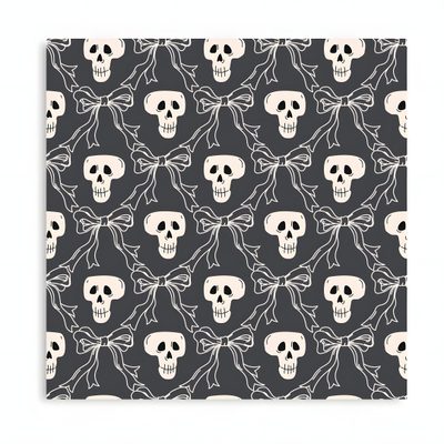 a black and white skull pattern with bow ties on the back of it canvas print Black And White Halloween Skulls In Bow Horror Skull, Halloween Horror, Halloween Prints, dark gray