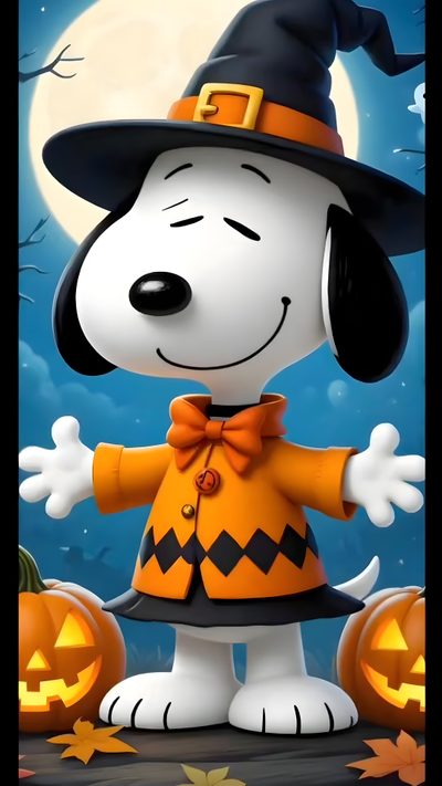 a cartoon dog dressed up as a witch with pumpkins and jack - o'- lanterns Snoopy Halloween Gif Happy Halloween Snoopy Halloween, Happy Halloween Con Snoopy, Halloween Snoopy Pinterest, dim gray