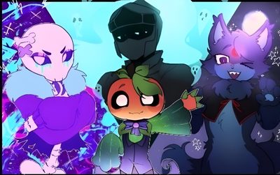 three cartoon characters standing next to each other in front of a blue and purple background Dandys World Halloween Toons The Return Of The Pumpkin Rabbit Dino, Dandy, Andys Apple Farm Peter Fanart, dark slate blue