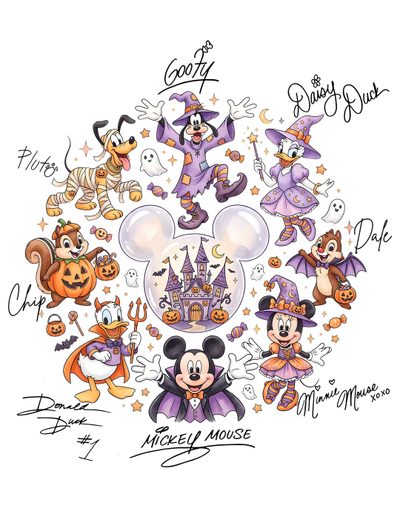 mickey mouse's halloween greeting card with the characters and their names in front of them Disney Halloween 2025 Collage, Halloween, white