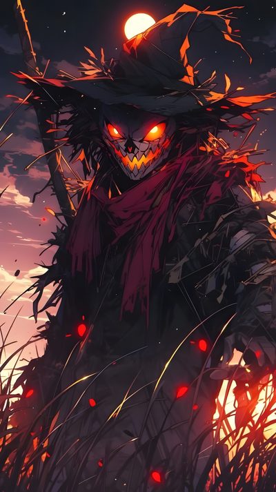 an anime character standing in tall grass with the sun setting behind him and his eyes glowing Halloween Anime 4k Fire Scarecrow, Dnd Halloween, Fantasy Scarecrow, Scarecrow, dark slate gray