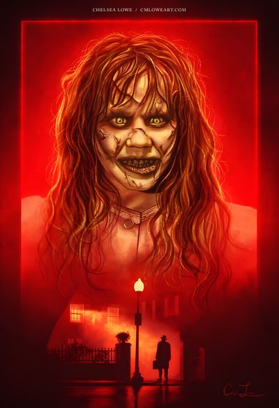 a creepy woman with long hair standing in front of a red light Exorcist Halloween The Exorcist Movie Poster, Exorcist Images, The Exorcist Movie Cover, dark red