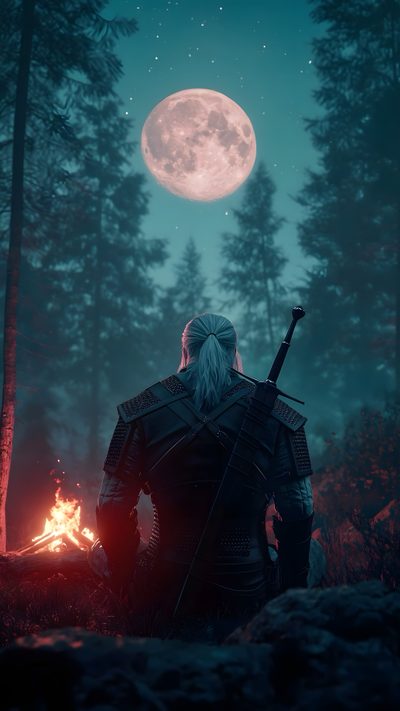 the witch sitting in front of a campfire at night with a full moon behind her Witcher Geralt Halloween Fantasy Art Inspiration, Fantasy Warrior Under Full Moon, Moonlit Forest Adventure, dark slate gray