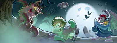 two cartoon characters sitting on the ground in front of a full moon with bats flying overhead Club Penguin Halloween Club Penguin Medieval Party, Club Penguin Ghost, Club Penguin Ios, dim gray