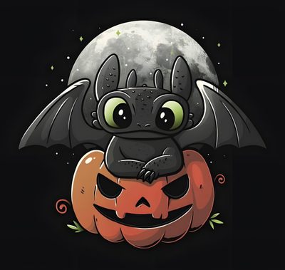 a bat sitting on top of a pumpkin with the moon in the sky behind it Toothless Halloween Toothless And Stitch, Day Of The Shirt, Dessins Faciles Au Crayon, black