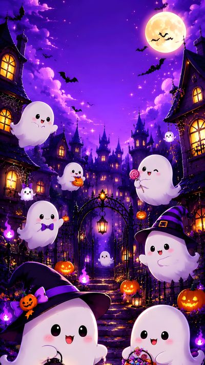 a group of ghost with pumpkins in front of a castle Halloween For Kids Room Image Halloween, Scary Ghost Pictures, Ghost Party, Tablet, Dark Flowers, Ios, indigo