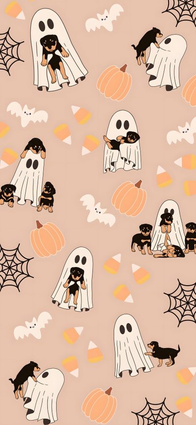 a halloween pattern with dogs and pumpkins on it, including two ghost - like figures Cute Halloween Dog Cartoon Autumn Ghost Design, Cute Halloween, Diy Halloween Crafts Inspiration, wheat
