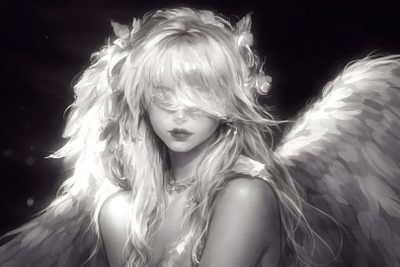 a black and white photo of a woman with angel wings Halloween Angel Fantasy For Laptop, Pc Woman, Pc Girl, Aura Angel, Black Widget Landscape, dim gray