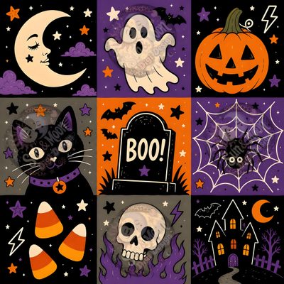 an image of halloween cards with cats and pumpkins Halloween Squares Custom Repeating Patterns, Drawing And Illustration, Digital Artwork, saddle brown