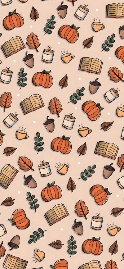 an orange and brown fall themed background with books, leaves, and acorns Halloween Aesthetic Phone Autumn Phone, Phone Background, Image Halloween, Halloween Iphone Backgrounds, wheat