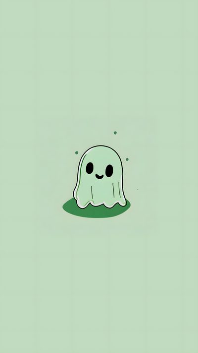 a cartoon ghost is sitting on the ground in front of a green background with black dots Cute Green Halloween Cute Ghost, Green Halloween, Green Halloween Phone, silver