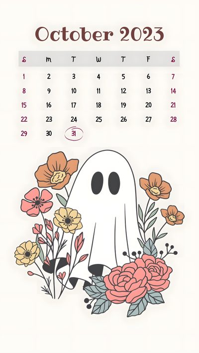 a calendar with a ghost surrounded by flowers and plants on the front, which reads october October 2025 Calendar Halloween Spooky October Calendar, Spooky Season Calendar, Halloween October Calendar, linen