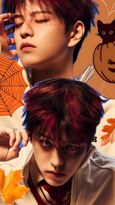two young men with red hair and autumn leaves Halloween Skz Y2k Background, Normal, Halloween, Kids Pictures, Kids, Autumn Theme, saddle brown