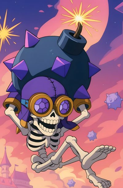 a skeleton with goggles and a hat on flying through the air in front of a purple sky Clash Royale Halloween Skeleton Army Clash Royale Art, Boss Bandit Clash Royale, Clash Of Clans, gray