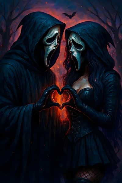 two people in masks making a heart with their hands Halloween Love Halloween Iphone Backgrounds, Scary, Gothic, Halloween Iphone, Edgy, Horror Characters, black