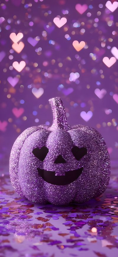 a purple glitter pumpkin sitting on top of a table next to confetti hearts Halloween Glitter Iphone Sparkly Halloween, Halloween, dark slate blue