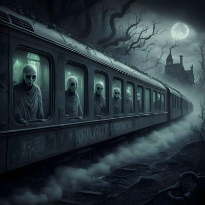 a train with skeletons riding on it in the dark Halloween Ghost Train Gothic Train Scene, Scary Train Drawing, Dark Fantasy Train Art, dark slate gray