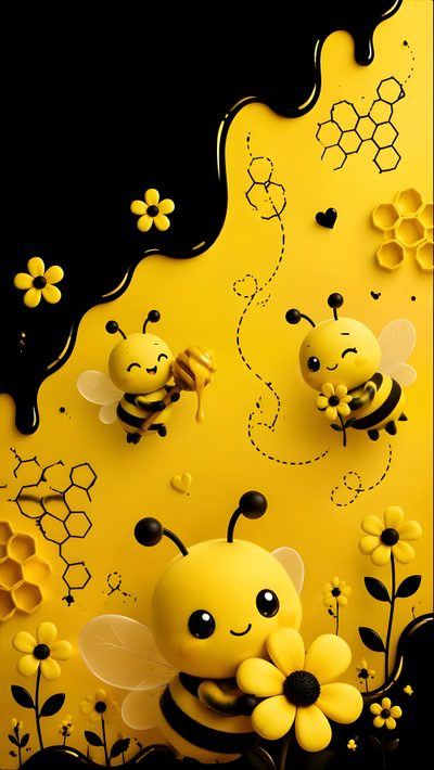 two bees and flowers on a yellow background Halloween Bees Accent Ideas Bees, Honey Bees, Bee, Floral Design, Cute Winnie The Pooh, goldenrod
