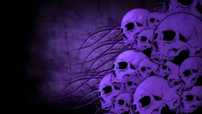 a bunch of skulls that are sitting in the dark with purple lighting on them, Halloween Skull Purple Custom Gothic Skull Art, Gothic Themed Room Inspiration, Halloween Party Decoration Ideas, midnight blue