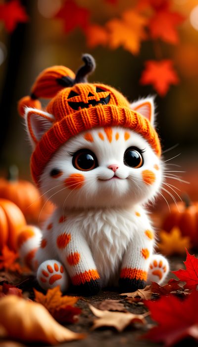 a white and orange kitten wearing a knitted pumpkin hat sitting on top of leaves Halloween Kitten Hd Cute Halloween Kitty, Cute Pumpkin Cat, Cute Cat Halloween, Halloween Cat, saddle brown