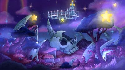 a painting of a castle in the sky with stars and clouds above it, surrounded by trees The Owl House Halloween Background For Pc Desktop, The Owl House Backgrounds, For Google Background, dark slate blue