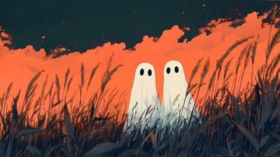two white ghost standing in tall grass with orange sky and clouds behind them at night Halloween Desktop Dual Screen Spooky Desktop, Cute Hd Pc, Spooky Desktop Aesthetic, dark olive green