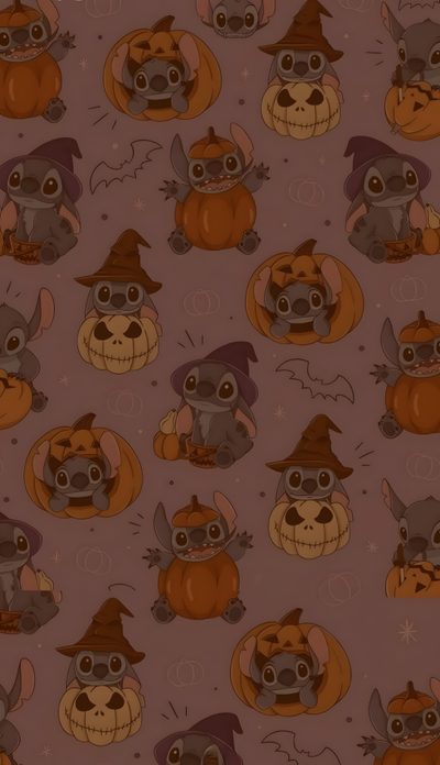 an animal themed wallpaper with pumpkins and witches on it's face, Aesthetic Halloween Stitch Fall Stitch, Stitch Fall Iphone, Autumn Stitch, dark olive green