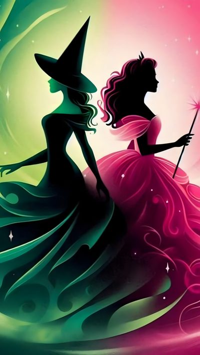 a woman in a dress with a wizard hat on her head and holding a wand Wicked Halloween Wizard Of Oz Decor, Stitch Games, Elphaba And Glinda, Wicked Musical, dark slate gray