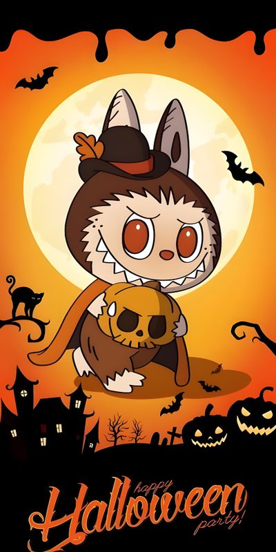 a cartoon cat holding a pumpkin in front of a full moon Halloween Labubu Kuromi Fall, Halloween Kuromi, Kuromi Autumn, Cute Halloween Panda, chocolate