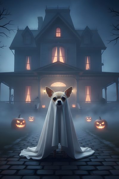 a dog dressed up as a ghost in front of a house with pumpkins on the ground Halloween Chihuahua Spooky Dog, Dog In Spooky Background, Halloween Dog Background, dark slate gray