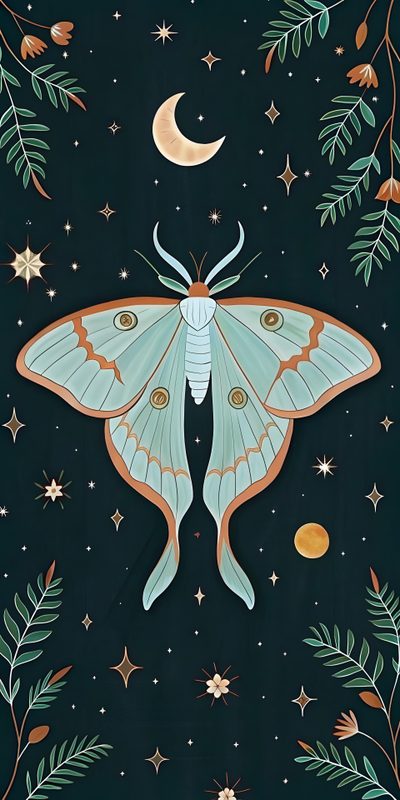 a painting of a moth on a black background with stars and moon in the sky Halloween Moth Mystic, Luna Moth Iphone, Moth Drawing, Lunar Moth Iphone, Lunar Moth, black